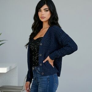 NWT Maurices Black Metallic Speckled V-Neck Cardigan M Shimmery